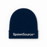 Black beanie with design or text embroidered on the front
