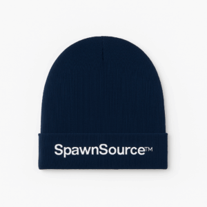 Black beanie with design or text knitted on the front