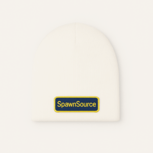 White beanie with a SpawnSource™ sew-on patch on the front